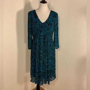 VGUC Bella Blue Turquoise & Black Chiffon Long Sleeve Dress - Size 14